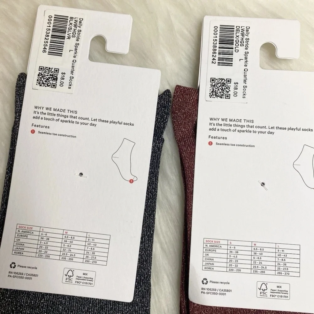 Lululemon Daily Stride Sparkle Quarter Sock Women L Lot 2 Black Silver Red Gold